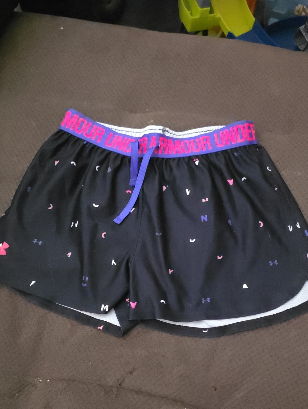 Under Armour Girls Black Athletic Shorts with Pink Waistband